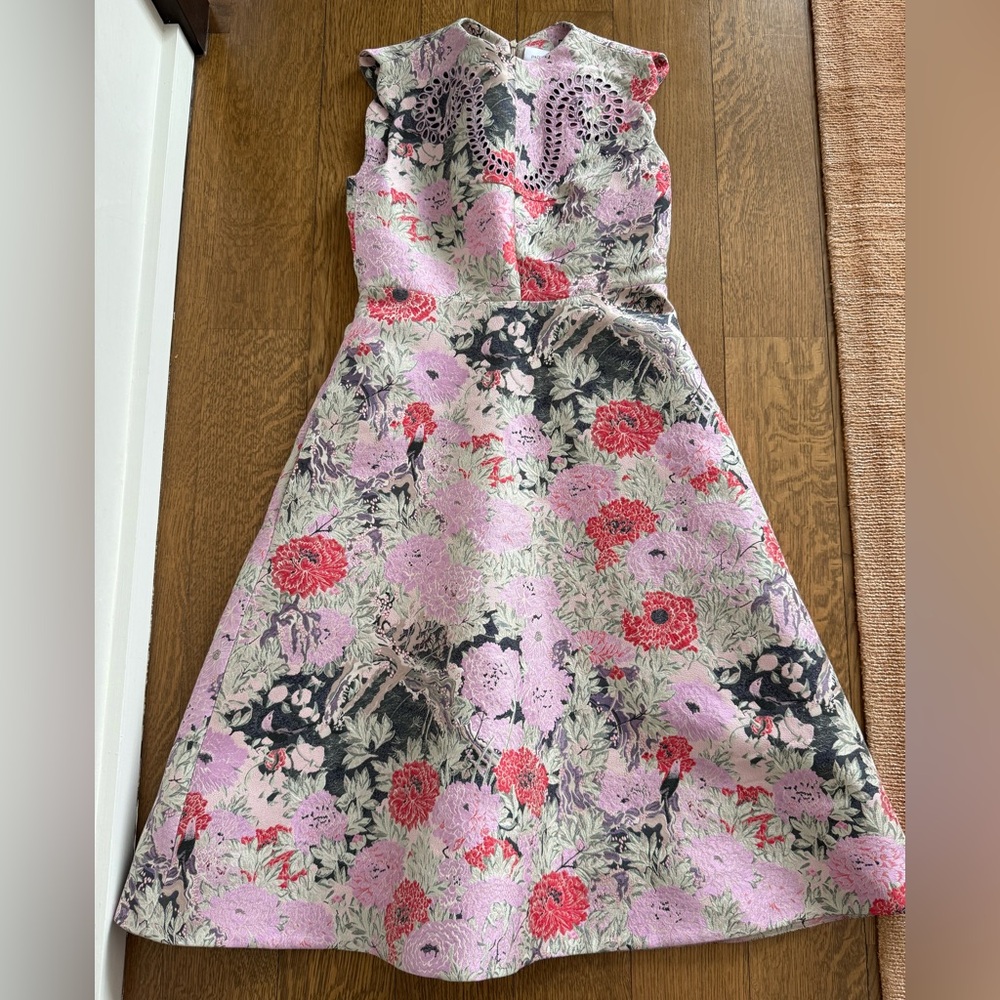 Designer Patou Floral Fit-and-Flare Pink & Red Jacquard Dress